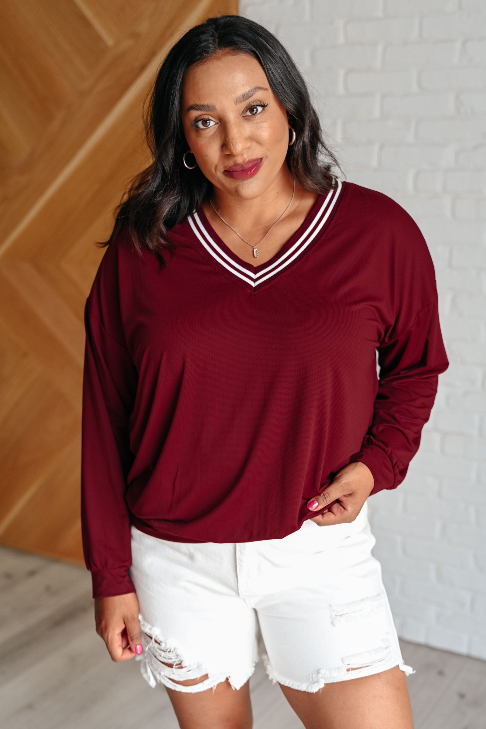 AllOutComfortV-NeckPulloverinRedMerlot4 All Out Comfort V-Neck Pullover in Red Merlot Ave Shops