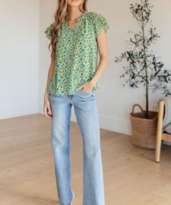 Anywhere We Go Flutter Sleeve Top in Blue Combo - Fashion Are Us