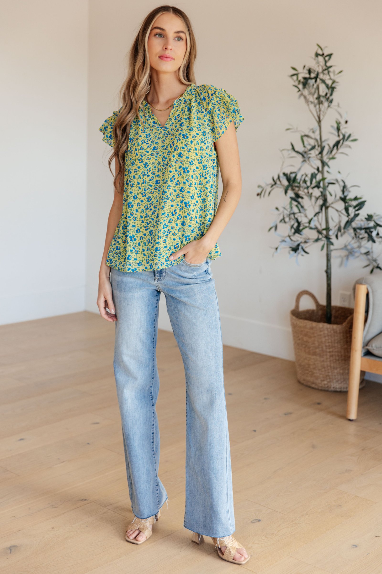 AnywhereWeGoFlutterSleeveTopinBlueCombo-1 Anywhere We Go Flutter Sleeve Top in Blue Combo - Fashion Are Us