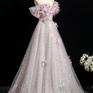 Pink Tulle Sequins Long Prom Dress, A-Line Off the Shoulder Party Dress viviyshop.com