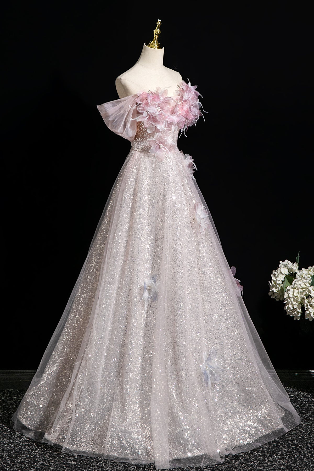 Pink Tulle Sequins Long Prom Dress, A-Line Off the Shoulder Party Dress viviyshop.com