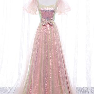 Pink Tulle Sequins Long Prom Dress, Cute Short Sleeve Evening Dress viviyshop.com