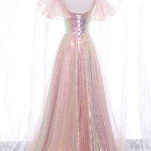 Pink Tulle Sequins Long Prom Dress, Cute Short Sleeve Evening Dress viviyshop.com