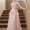 Pink Tulle Sequins Long Prom Dresses, Pink Off Shoulder Evening Dresses viviyshop.com