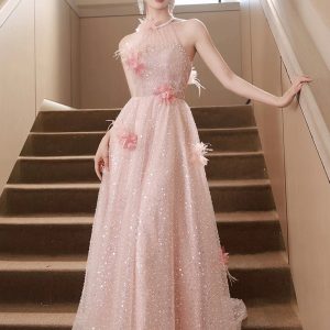 Pink Tulle Sequins Long Prom Dresses, Pink Off Shoulder Evening Dresses viviyshop.com