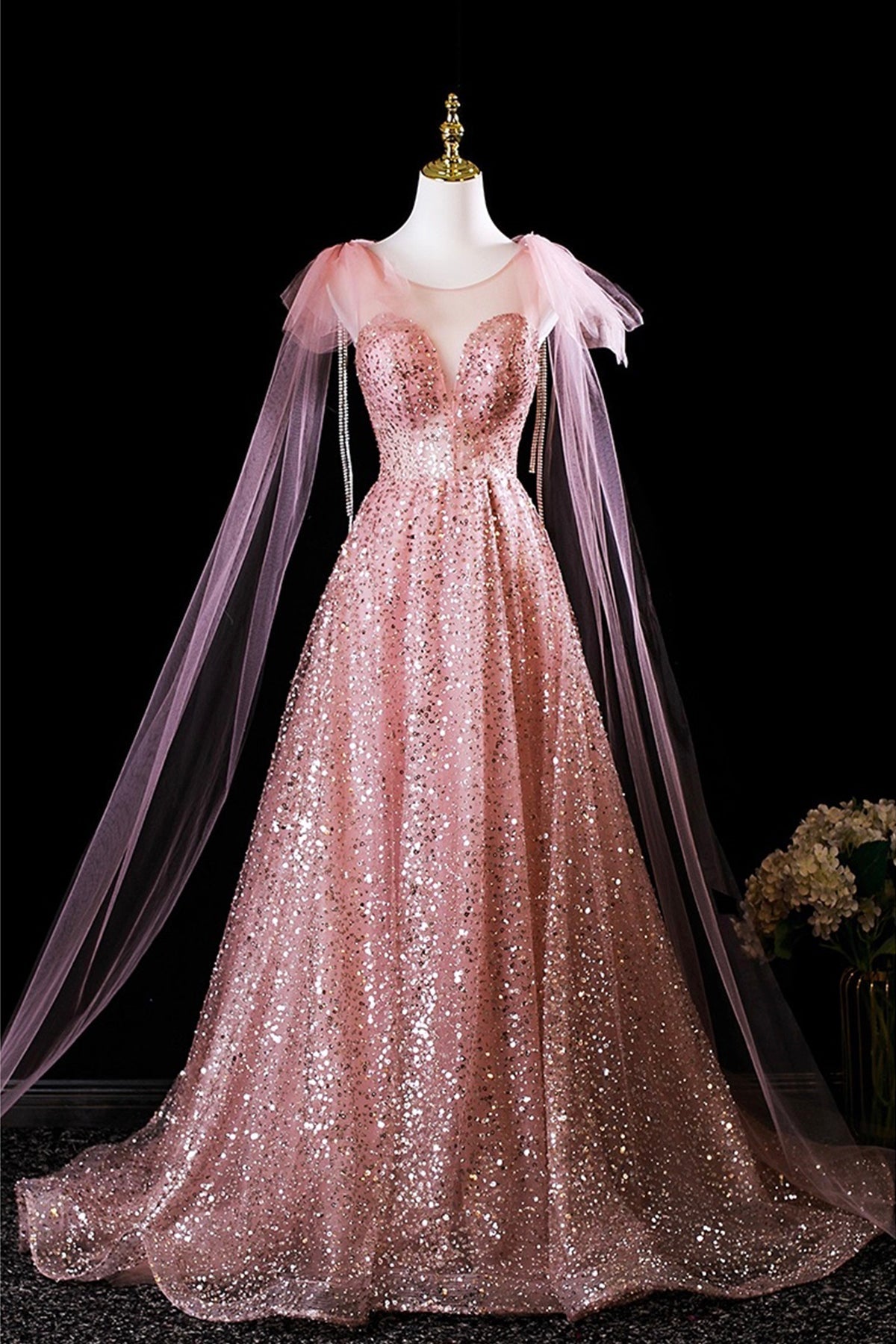 Pink Tulle Sequins Long Prom Dress, Shiny A-Line Evening Formal Dress viviyshop.com