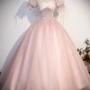 Pink Tulle Sequins Long Prom Dress, Lovely A-Line Short Sleeve Evening Party Dress viviyshop.com