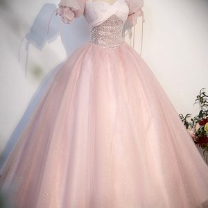 Pink Tulle Sequins Long Prom Dress, Lovely A-Line Short Sleeve Evening Party Dress viviyshop.com